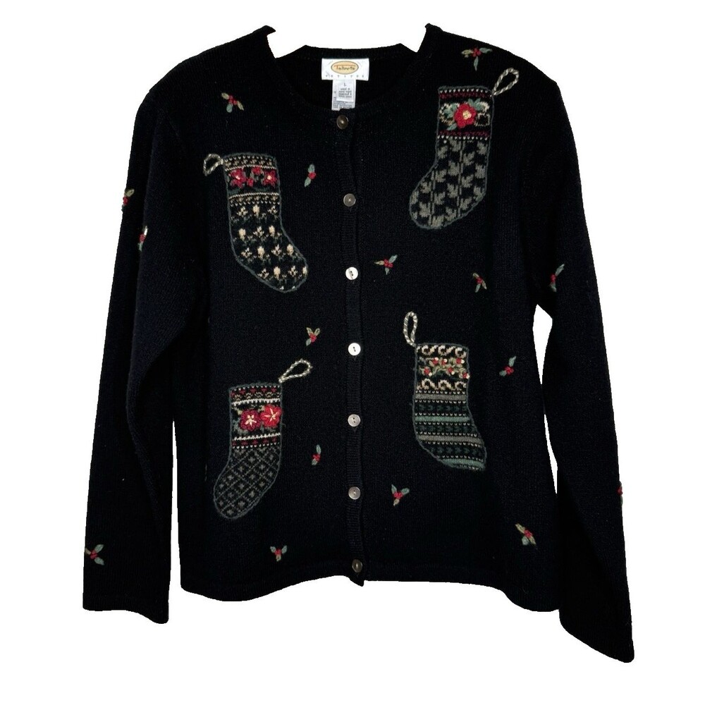 Talbots Christmas Sweater Lambswool Sz PL Holly Embroidered Black Stockings